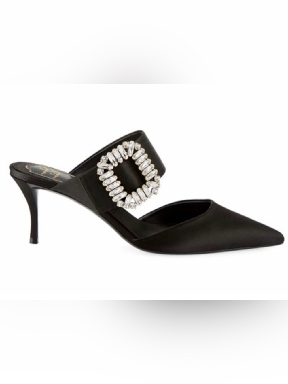 Roger Vivier Strass Crystal Buckle Pointed Toe Shoes Mules Slides Heels Satin 36
